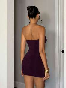 Glamine Flirty Purple Shimmer Knit Bandeau Bodycon Mini Dress Drawstring Ruched Y2K Summer Break Ibiza Miami Bachelorette Yacht Club Beach Party Outfit - Purple - View 5