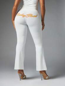 BABYPHAT High Rise Bootcut Pants With Signature Logo Bum Print Flared Hem Full Length Casual Stretch - White - View 4