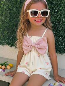 Emery Rose Kids Emery Rose Kids Mono con tirantes finos para niña con estampado floral y lazo 3D decorativo - Amarillo - Ver 3