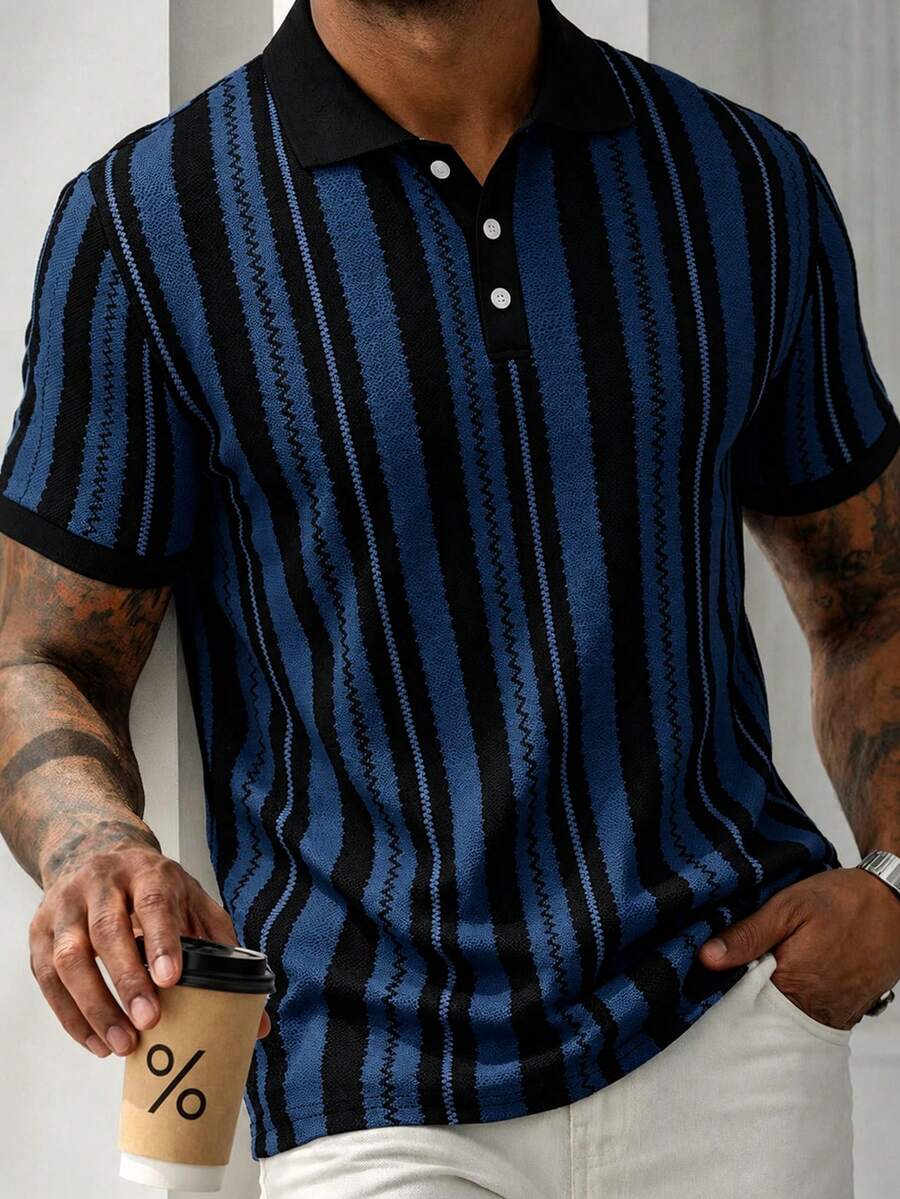 Manfinity CasualCool 男士休閒商務條紋設計 Polo 衫上衣,適合日常通勤穿著,百搭休閒 - 藏蓝色 - 查看 1