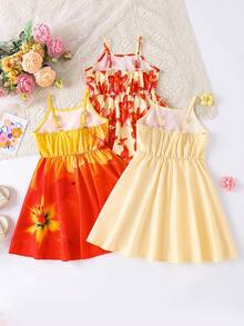 SHEIN 女童3件套洋裝，清新彩色花卉印花細肩帶A字軟質洋裝，充滿夏日活力與童年純真，適合外出、度假與夏季穿著 - 彩色 - 查看 5