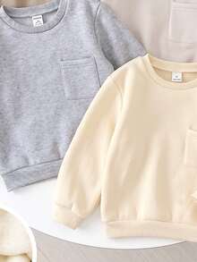 Elladie kids 4件組中性兒童純色口袋長袖運動衫，冬季校園圓領素色上衣，日常返校度假百搭穿搭 - 彩色 - 查看 7