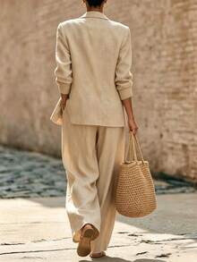 SHEIN Apricot Color Suit, Double-Breasted Long-Sleeve Suit And Straight-Leg Pants 2-Piece Set, Spring And Autumn Commuting Wear, Office Wear, Elegant Suit - Khaki - View 3
