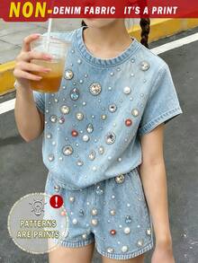 Elladie kids (隨機圖案，1套隨機) 女孩時尚極簡彩色水鑽圖案印花基本款短袖T恤與短褲套裝，夏季日常穿著 - 彩色 - 查看 3