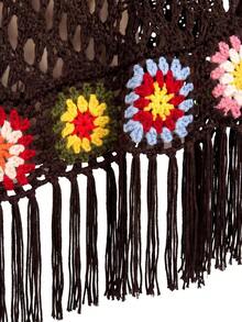 SHEIN Holidaya Sweater Syal Rajut Berongga Gaya Bohemian Vintage dengan Rumbai di Bagian Bawah - Coklat - View 3