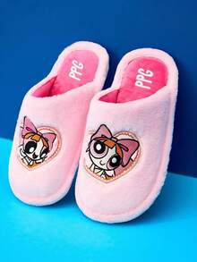 THE POWERPUFF GIRLS X Joivida 1雙粉色刺繡刷毛拖鞋，冬季防滑平底，室內外皆可穿懶人風，網紅同款愛心刺繡，女款加厚保暖居家鞋，適合學生宿舍，舒適禮物 - 粉色 - 查看 2