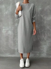 SHEIN Cottnline Solid Split Hem Sweatshirt Dress - Grey - View 4
