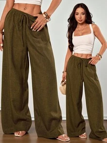 SHEIN PETITE 女款性感休閒寬腿亞麻長褲 - 軍綠色 - 查看 3