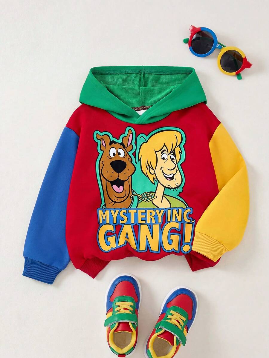 SCOOBY-DOO X SHEIN Young Boy Sports Casual Cartoon Dog Print Color Block Loose Fit Hooded Sweatshirt, Suitable For Autumn/Winter - Multicolor - View 1