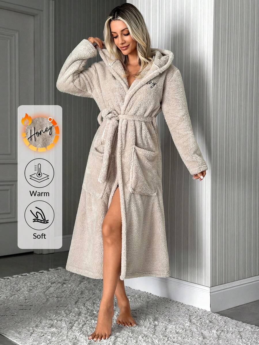 SHEIN Women Soft Plush Embroidered Long Sleeve Belted Hooded Robe Pajama Set - Beige - View 1