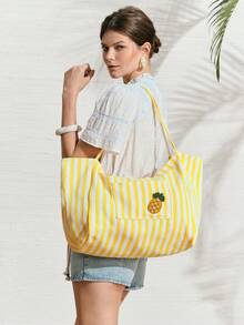 SHECARRY 女款時尚休閒黃白條紋串珠鳳梨裝飾托特包，適合夏季度假海邊沙灘日常 - 黃色 - 查看 1
