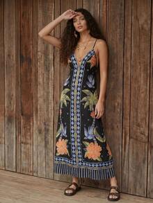 CAJUNI Women's Casual Palm Tree Geometric Pattern Spaghetti Strap Dress For Vacation - Black - View 2