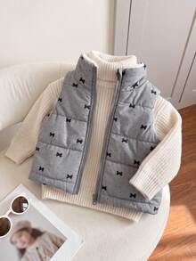 SHEIN Playful Pals 1件女嬰灰色蝴蝶結印花拉鍊加厚小立領無袖棉服背心，可愛休閒韓風棉墊背心外套，適合冬季日常外出或室內場合，百搭穿搭 - 灰色 - 查看 7