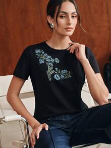 Anewsta 女款花卉印花休閒日常短袖T恤 - 黑色 - 查看 7
