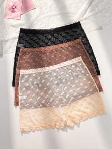 PetitDoll 3pcs/Set Sweet Heart Jacquard Mesh Lace Trim Panties - Multicolor - View 3