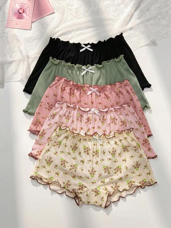PetitDoll 5 Buah Celana Dalam Model Boyshort Katun Bergaris Nyaman dengan Motif Bunga dan Hiasan Rumbai