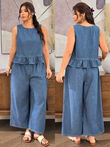Lounesse Plus Size Ruffle Vest Denim Pants 2 Pieces Set Halloween Waist Wide Leg Capri Denim Loose Casual Denim Matching Outfit Country Vacation Summer Beach - Blue - View 1
