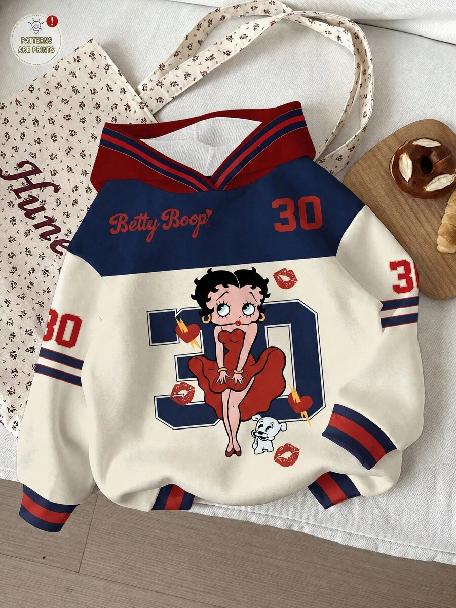 Slaydiva Betty Boop x SHEIN Plus Size Women's Colorblock Patchwork Cartoon Print Hooded Sweatshirt Winter - Multicolor - View 1