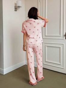 Napfluff Women's Blue Striped Bow Print Patchwork Contrast Color Ruffle Collar Short Sleeve Long Pants Pajama Set - Orange - View 2