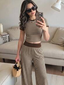 SHEIN 青少年女孩針織彩色棕色條紋圓領短袖修身T恤與配套長褲休閒套裝，百搭百搭休閒 - 棕色 - 查看 7