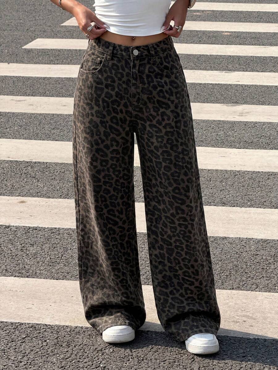 SHEIN EZwear 女款豹紋印花鈕扣口袋休閒日常牛仔褲 - 彩色 - 查看 1