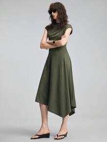 Ontre Women's Army Green Comfortable Elastic Fabric Slim Fit Asymmetric Slanted Neckline Cap Sleeve X-Shaped Dress With Patchwork Asymmetrical Large Hem Design, Modern Urban Fashion Business Casual Office Wear, Low-Key Old Money Style Elegant High-End Commuter High-Quality Airport Outfit, Autumn Essential Premium Comfortable Old Money Style Mid-Length Dress - Army Green - View 3