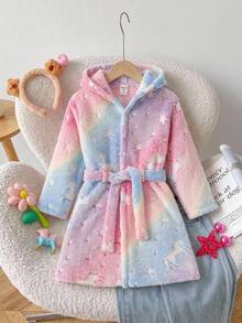 SHEIN 女童愛心卡通螢光圖案保暖內裡厚絨連帽長袖前綁帶睡袍睡衣 秋冬套裝 - 彩色 - 查看 3