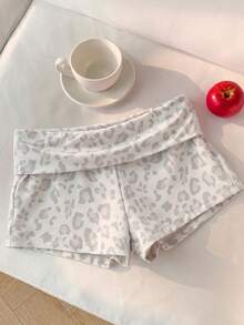 Comfortcana Women's Summer Casual Leopard Print Folded Waist Shorts - Light Grey - View 1