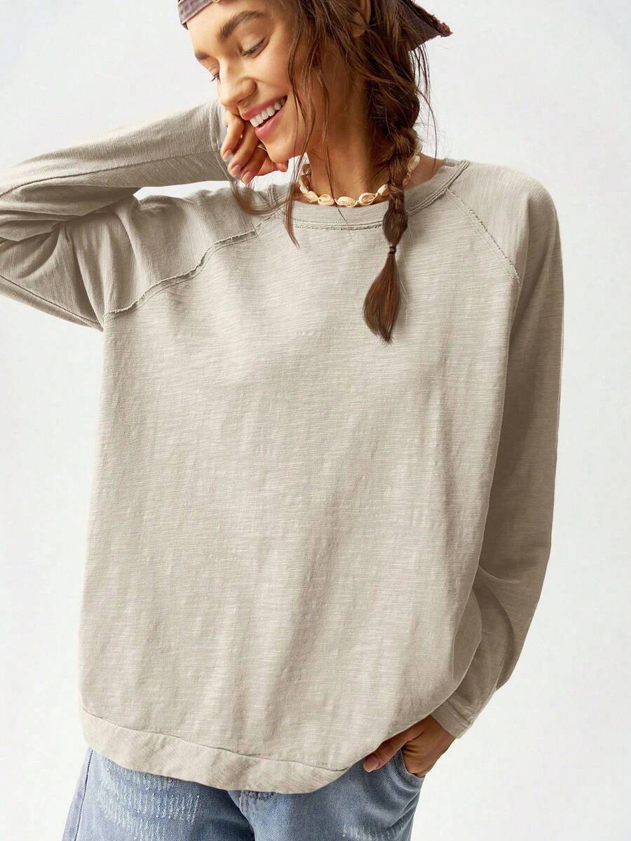 Bohemela Vacation Solid Color Knit Round Neck Raglan Sleeve Long Loose Fit Women T-Shirt Everyday Grey Autumn Casual - Beige - View 1