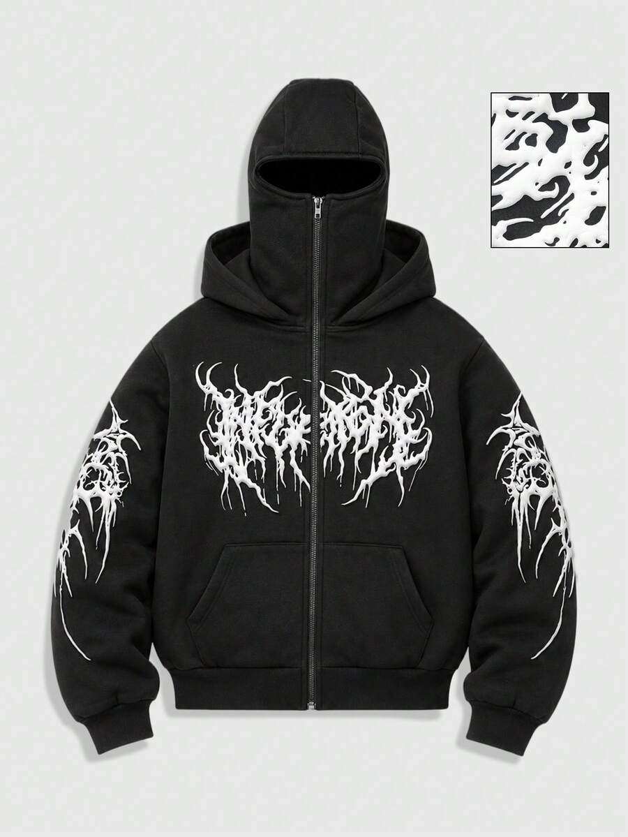 ROMWE MEN Men's Double Layer Foam Print Loose Fit Sweatshirt Hoodie - Black - View 1