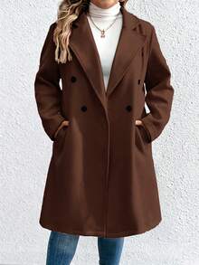 Elenzga Plus Size Women's Solid Color Fashion Versatile Daily Wear Overcoat - Brown - View 3