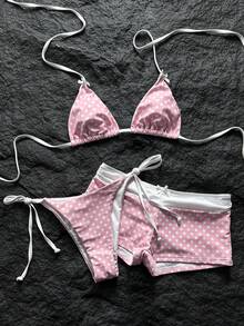 Swim Mod 女款春夏新款波點印花蝴蝶結裝飾V領掛脖露背三角比基尼套裝，含繫帶三角比基尼褲與低腰比基尼褲，3件組 - 粉色 - 查看 4