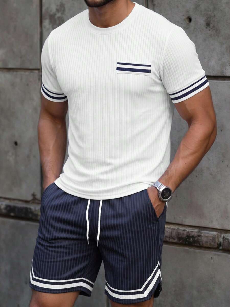 Manfinity CasualCool 男士條紋圓領短袖T恤與短褲休閒套裝 - 彩色 - 查看 1