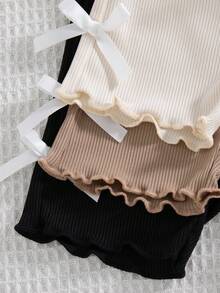 SHEIN Vintaside Kids 3件套女嬰夏季服飾 回校季 6個月-3歲 休閒極簡風 白色 黑色 棕色 羅紋紋理 蝴蝶結 波浪邊 鬆緊腰彈性短褲 舒適柔軟 通勤適宜 春夏出遊 禮物首選 - 彩色 - 查看 5