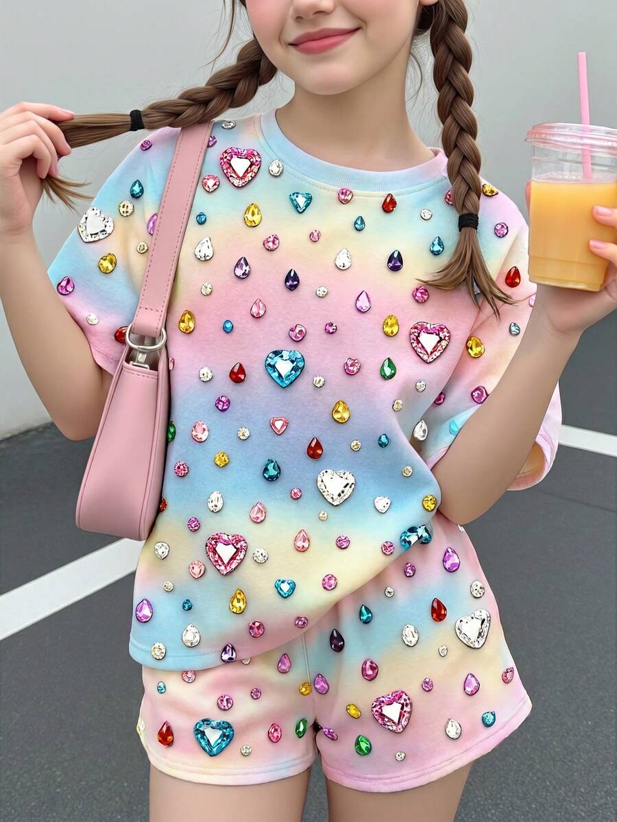 Tween女孩休閒簡約可愛甜美波點亮面紋理愛心印花，CobaltBluePop，短袖短褲兩件套，適合夏季舒適春夏風格，圖案，Kawaii - 彩色 - 查看 1