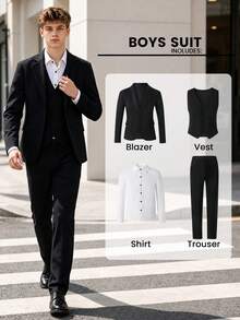 Teen Boys Gentleman Suit, Loose Preppy Casual, For Back‑To‑School, Outdoor, Daily - Black - View 1