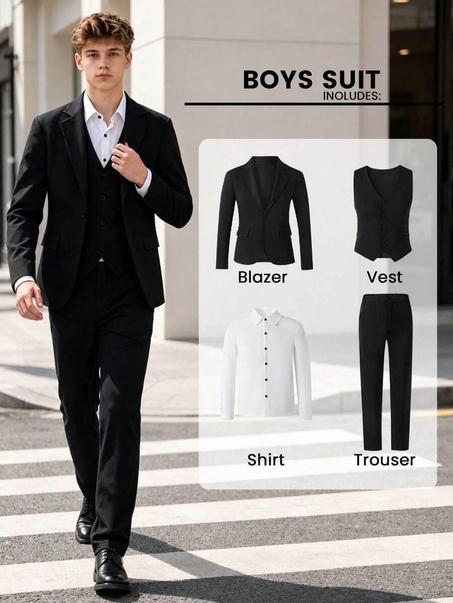 Teen Boys Gentleman Suit, Loose Preppy Casual, For Back‑To‑School, Outdoor, Daily - Black - View 1