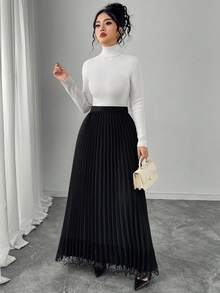 Modelyn Women's Elastic Waist Pleated Lace Patchwork Versatile Elegant Solid Color Skirt - Black - View 3