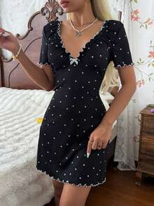 CottageSlumber Camisón de mujer con estampado de lunares acanalados, cuello en V, ribete con volantes y decoración de lazo, manga corta, sexy y adecuado para uso en exteriores, para todas las estaciones - Negro - Ver 6