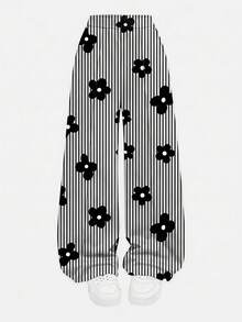 Vintage Black & White Contrast Striped Floral Print, Teen Girls Hooded Sweatshirt & Loose Straight Leg Sweatpants 2-Piece Set, Suitable For Daily Commute, Date, Party, Autumn/Winter/Spring/Summer, Beach, Graduation Ceremony, Fashion, Elegant, Casual, Outing, Appointment, Vacation, Y2K - Multicolor - View 10