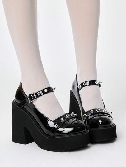 ROMWE Grunge Punk Women's Sexy Thick-Soled Thick-Heeled Shoes, Spring And Autumn Fashion Solid Color Buckle With Pointed Rivets Decorative Buckle Shoes, A