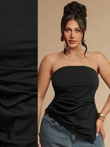 SHEIN BAE CURVE 大尺碼女款蕾絲飾邊休閒百搭日常穿搭抹胸上衣 - 黑色 - 查看 8