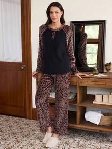 Doze Lane Casual Modest Simple Leopard Print Plush Raglan Sleeve Button Decor Long Sleeve Pants Women's Pajama Set Lounge Sleep Black And White Brown Autumn - Multicolor - View 1