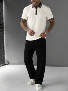 Manfinity CasualCool 男士時尚休閒通勤針織提花短袖 Polo 衫，男士拉鍊 Polo 衫，復古風格，老錢風，適合日常休閒、週末旅行，可作為男友/丈夫禮物、週年/生日禮物、派對、夏季度假、海灘穿著、夏威夷婚禮及春夏穿著 - 杏色 - 查看 6