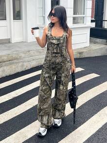 Rivivi 女款全印花休閒街頭日常牛仔吊帶長褲 深綠色 夏季 - 彩色 - 查看 4
