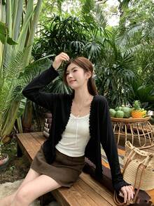 K-Vae Women's Casual Minimalist Basic Versatile Solid Color Thin Cardigan Office Black Autumn - Black - View 8
