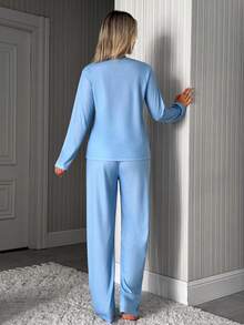 SHEIN Sleepy Koala Graphic Long Sleeve Solid Color Casual Pajama Set - Blue - View 2
