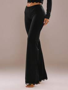 MUSERA Low Waist Flared Lounge Pants With Lace Trim Underwear Lingerie Everyday Basics Essential Night - Black - View 2