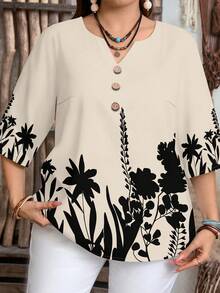 EMERY ROSE Casual Minimalist Style Black Floral Print Pattern 3/4 Sleeve Women's Blouse - Multicolor - View 6
