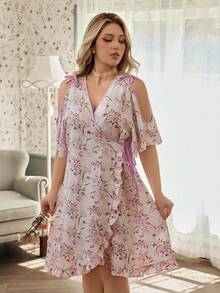 CottageSlumber Romantic Floral Print Off-Shoulder Side Tie Design Plus Size Nightgown - Multicolor - View 3